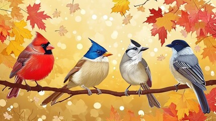  a painting of three birds sitting on a branch in front of a fall colored background with leaves and falling leaves.
