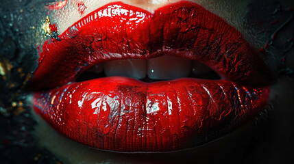 Deep Red Lipstick on Women's Red Lips Close-Up Grunge Red Color Painting