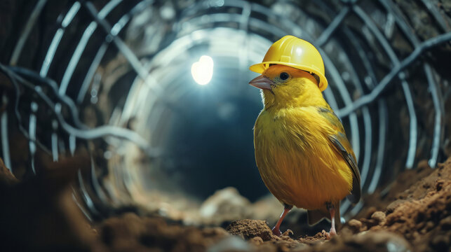 Canary bird wearing small miner's hard hat in mine shaft, canary in the coal mine idiom concept