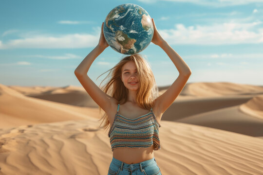 Young environmentalist holding planet Earth with sand desert background
