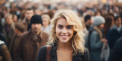 Fototapeta premium Beautiful blonde woman is smiling in front of large crowd of people, 