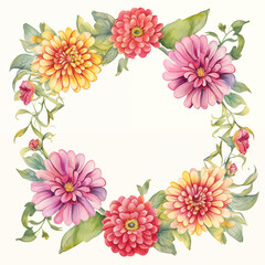 AI generative watercolor floral wreath with zinnia and. Decor for invitation and cards - obrazy, fototapety, plakaty
