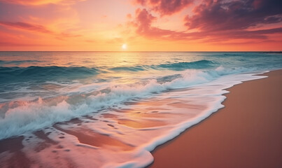 Fototapeta premium Colorful sunrise over ocean. Mesmerizing golden sunset on tropical summer beach with soft sand and crystal clear ocean waves. Copy space of summer vacation and holiday business travel concept.
