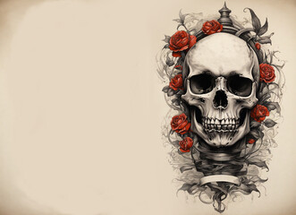 Human skull illustration with red flowers and copy space on off white background 