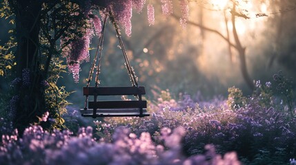  a wooden bench sitting in the middle of a forest filled with purple flowers and a tree filled with...