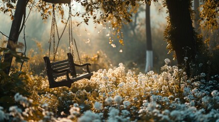  a wooden swing in the middle of a field of wildflowers and trees with the sun shining through the trees.