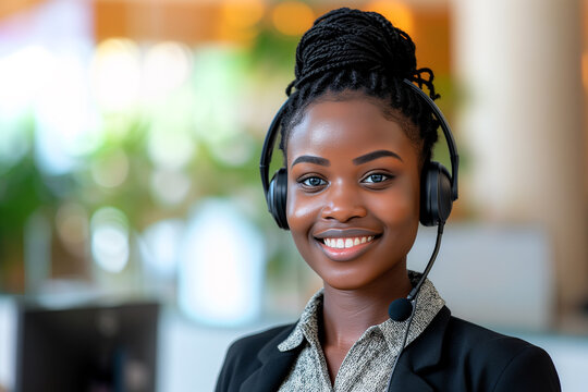 Professional African Female Receptionist with Headset
