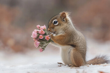A love-struck squirrel tenderly offers a vibrant bouquet of flowers to its companion