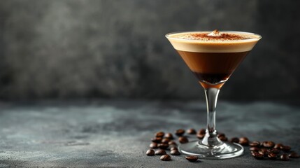  a close up of a drink in a glass on a table with coffee beans on the side of the glass.
