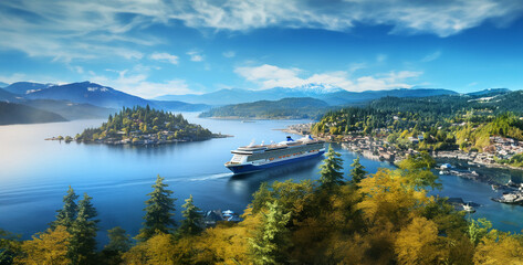 lake bled country, cruise ship on the water near a city in the style