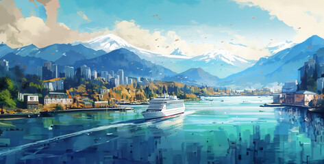 lake bled country, cruise ship on the water near a city in the style