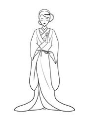 着物、打掛、洋髪、婚礼衣装の若い女性（線画）