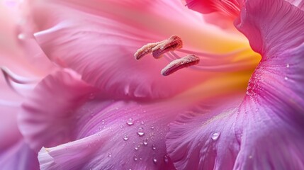  a close up view of a pink flower with drops of water on the petals and the stamen of the petals.