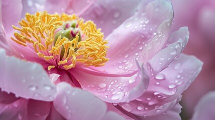  a close up of a pink flower with drops of water on the petals and in the middle of the petals is a yellow center.