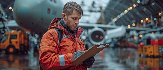 An employee of the ground crew inspecting an aircraft with a clipboard