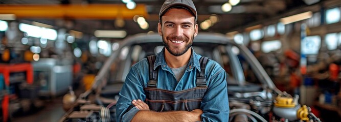 amiable vehicle repair A uniformed mechanic stands in the background of an open automobile, grinning and facing the camera. auto upkeep and repair. - obrazy, fototapety, plakaty