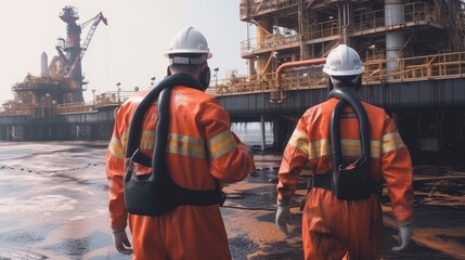 Emergency rescue team workers eliminate an emergency situation on gas and oil production platform