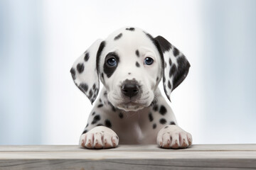 Seated Dalmatian puppy staring, playful, proud. Obedience training, purebred pedigree, isolated studio. AI Generative view.