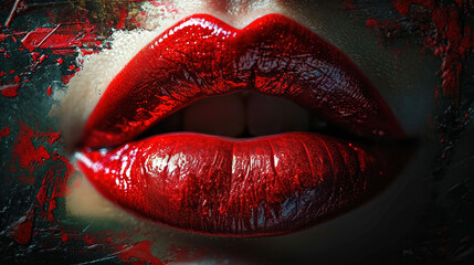 Deep Red Lipstick on Women's Red Lips Close-Up Grunge Red Color Painting