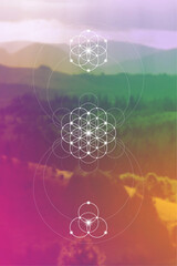 Flower of life. Tree of life. Sacred geometry spiritual new age futuristic illustration with interlocking circles, triangles and particles