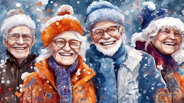 Vier ältere Menschen posen im Schnee. Bester Laune und farbig gekleidet.