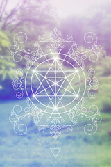 Merkabah. Sacred geometry spiritual new age futuristic illustration with interlocking circles, triangles and particles.