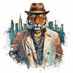 T-shirt design of an artistic tiger in a spy costume on a cityscape background, retro and vintage style