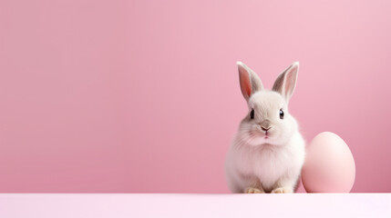 Easter white bunny with egg on pink. AI generated.