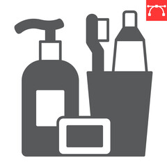 Toiletries glyph icon, grocery store and hygiene kit , toothbrush with toothpaste and bottle of soap vector icon, vector graphics, editable stroke solid sign, eps 10.