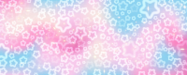 Pink sky with stars and bokeh. Kawaii fantasy background. Magic glitter space with iridescent texture. Abstract vector wallpaper