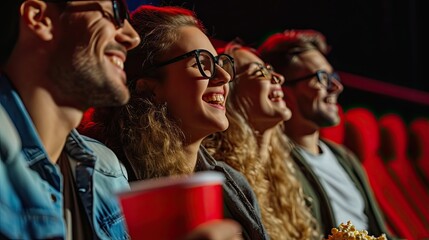 Obraz premium Young people laughing while watching film in movie theater. Group of friends in multiplex cinema with drinking and popcorn.