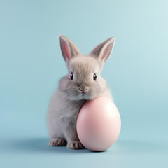 Fototapeta premium Easter gray bunny with pink egg on blue. AI generated.