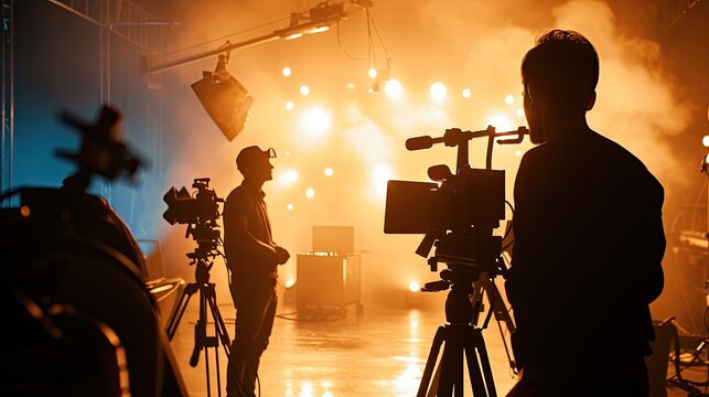 Silhouette images of video production behind the scenes. making of TV commercial movie that film crew team lightman and cameraman working together with film director in studio. film production concept