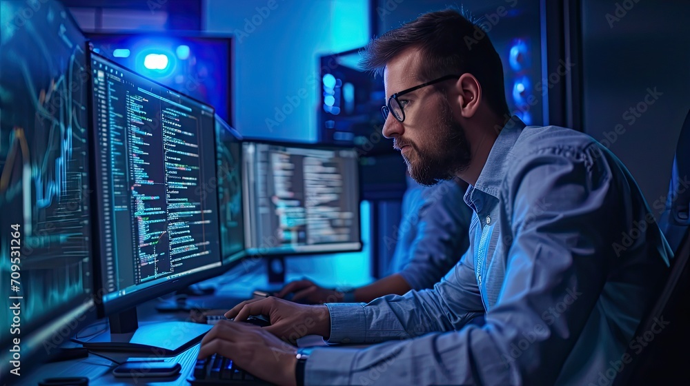 Poster system administration and machine learning engineer programming at his workstation. man plans and ca