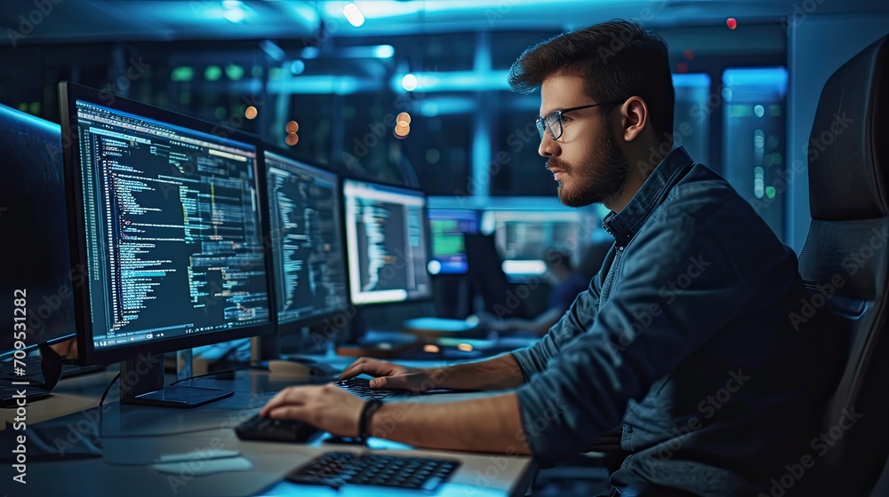Poster system administration and machine learning engineer programming at his workstation. man plans and ca