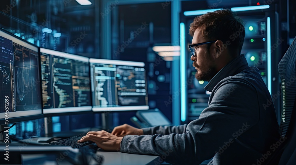 Poster system administration and machine learning engineer programming at his workstation. man plans and ca