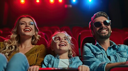 young joyful couple is with their daughter in the cinema, watching an exciting movie