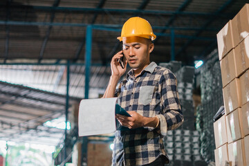 serious man factory employee makes business call with cell phone in factory