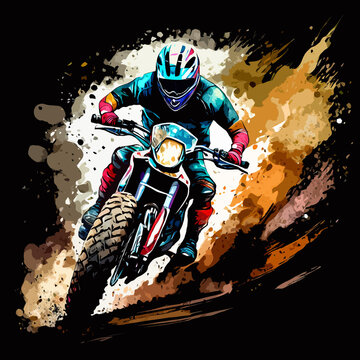 Dirt Bike Racing Watercolor painting DTG DTF T-shirt design Black Background