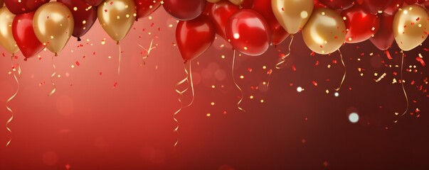 Fototapeta premium Celebration party banner background with red and gold balloons and confetti, with empty copy space Generative AI