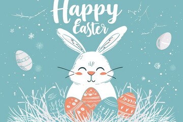 cute cartoon rabbit with easter eggs and flowers on easter eggs festival