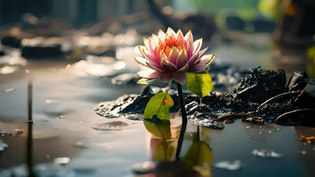 The relentless floodwaters have left nothing but destruction in their wake, except for one resilient flower, peacefully floating in the midst of it all.