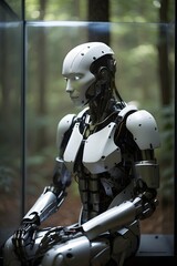 Fototapeta na wymiar Feelings of Machinery Robot: Futuristic AI Contemplating Amidst a Dark Forest - A Melancholic Scene