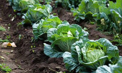 Fresh green cabbages flourishing in the fertile farm soil.
