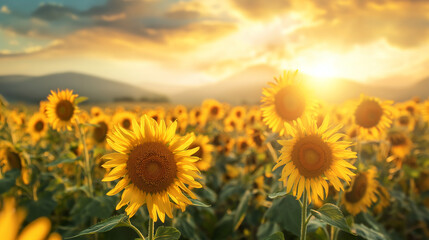 Obraz premium Field of blooming sunflowers on a background sunset
