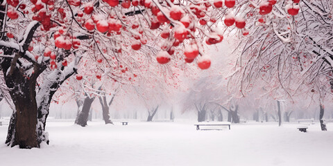 A Tree Has Red Fruit Covered Up In The Snow Background