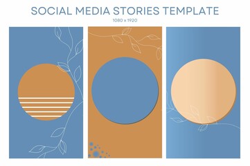 Fototapeta premium Set of 3 backgrounds for social media stories, each 1080 x 1920. Suits Instagram, Facebook and TikTok. This contemporary layout combines pale blue, tan and peach with geo shapes and a floral drawing.