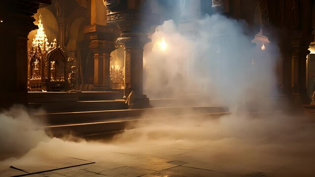 Shrouded Sanctuary The soft glow of incense smoke creates a mystical aura, turning a temple or church into a shrouded sanctuary for prayer and reflection.