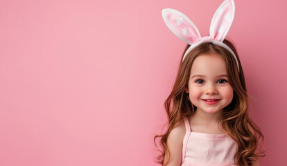 Obraz na płótnie Canvas Easter Joy: A cheerful young girl with bunny ears smiles warmly, adding a playful touch to the festive season on a soft pink background