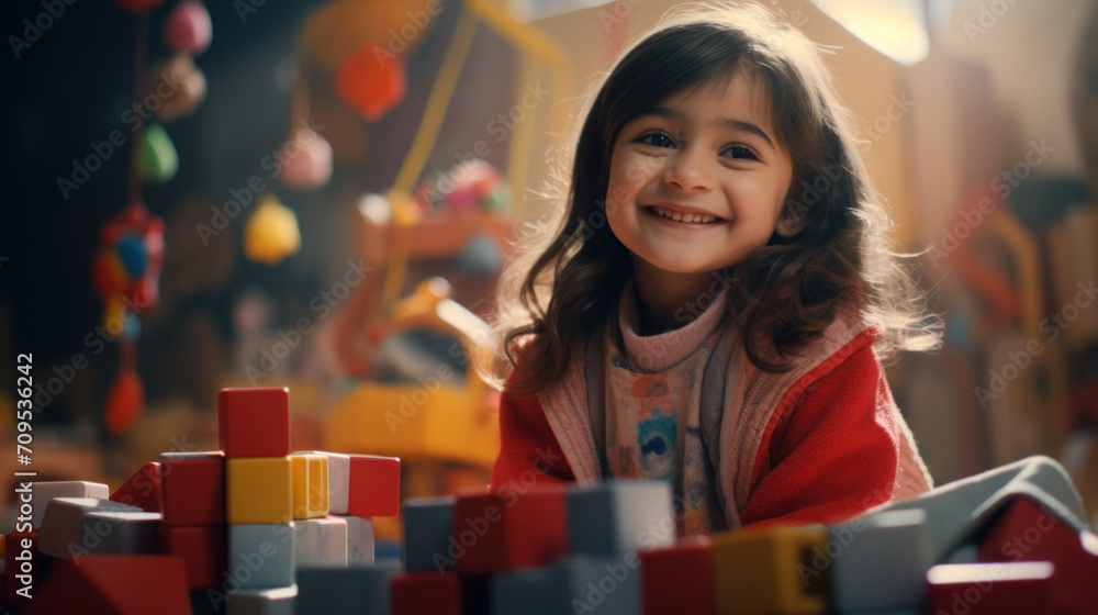 Poster joyful young girl with a beaming smile playing with colorful building blocks in a vibrant and playfu